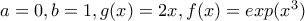 a=0,b=1,g(x)=2x,f(x)=exp(x^{3})