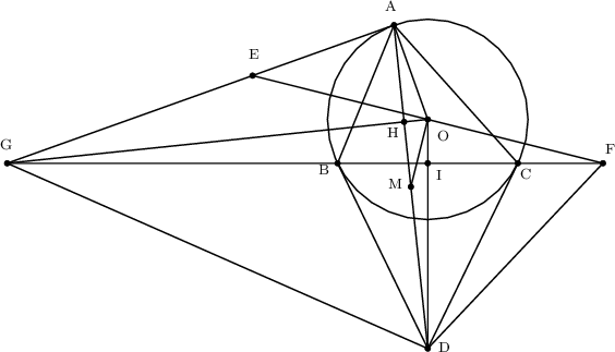 \begin{tikzpicture}[line cap=round,line join=round,>=triangle 45,x=0.5cm,y=0.5cm] 
\clip(-14.,-8.3) rectangle (11.2,6.7); 
\fill[line width=0.8pt,color=white,fill=white,fill opacity=0.10000000149011612] (2.190384487963723,5.366910193221686) -- (0.,0.) -- (7.,0.) -- cycle; 
\draw [line width=0.8pt,color=black] (2.190384487963723,5.366910193221686)-- (0.,0.); 
\draw [line width=0.8pt,color=black] (0.,0.)-- (7.,0.); 
\draw [line width=0.8pt,color=black] (7.,0.)-- (2.190384487963723,5.366910193221686); 
\draw [line width=0.8pt] (3.5,1.7019865391586084) circle (1.945941814358609cm); 
\draw [line width=0.8pt] (2.190384487963723,5.366910193221686)-- (3.5,-7.197471729744639); 
\draw [line width=0.8pt] (2.8451922439818613,-0.9152807682614768)-- (3.5,1.7019865391586084); 
\draw [line width=0.8pt] (-3.3028420336632194,3.403973078317217)-- (10.30284203366322,0.); 
\draw [line width=0.8pt] (7.,0.)-- (10.30284203366322,0.); 
\draw [line width=0.8pt] (3.5,-7.197471729744639)-- (7.,0.); 
\draw [line width=0.8pt] (3.5,-7.197471729744639)-- (0.,0.); 
\draw [line width=0.8pt] (3.5,1.7019865391586084)-- (3.5,-7.197471729744639); 
\draw [line width=0.8pt] (3.5,-7.197471729744639)-- (10.30284203366322,0.); 
\draw [line width=0.8pt] (2.190384487963723,5.366910193221686)-- (3.5,1.7019865391586084); 
\draw [line width=0.8pt] (2.190384487963723,5.366910193221686)-- (-12.828768794504084,0.); 
\draw [line width=0.8pt] (-12.828768794504084,0.)-- (0.,0.); 
\draw [line width=0.8pt] (-12.828768794504084,0.)-- (3.5,-7.197471729744639); 
\draw [line width=0.8pt] (-12.828768794504084,0.)-- (3.5,1.7019865391586084); 
\begin{scriptsize} 
\draw [fill=black] (2.190384487963723,5.366910193221686) circle (1.5pt); 
\draw<span style="color:black"> (2.050907016363515,6.117590570634495) node {A}; 
\draw [fill=black] (0.,0.) circle (1.5pt); 
\draw<span style="color:black"> (-0.532960390381481,-0.24566498328975395) node {B}; 
\draw [fill=black] (7.,0.) circle (1.5pt); 
\draw<span style="color:black"> (7.295772200204104,-0.39992572399094795) node {C}; 
\draw [fill=black] (3.5,-7.197471729744639) circle (1.5pt); 
\draw<span style="color:black"> (4.133427015829631,-7.148833129668182) node {D}; 
\draw [fill=black] (3.5,1.7019865391586084) circle (1.5pt); 
\draw<span style="color:black"> (4.094861830654333,1.0655513126703942) node {O}; 
\draw [fill=black] (2.8451922439818613,-0.9152807682614768) circle (1.5pt); 
\draw<span style="color:black"> (2.2437329422400074,-0.7855775757439326) node {M}; 
\draw [fill=black] (-3.3028420336632194,3.403973078317217) circle (1.5pt); 
\draw<span style="color:black"> (-3.2325233526523727,4.22789649704487) node {E}; 
\draw [fill=black] (10.30284203366322,0.) circle (1.5pt); 
\draw<span style="color:black"> (10.573812940104473,0.5642039053915141) node {F}; 
\draw [fill=black] (-12.828768794504084,0.) circle (1.5pt); 
\draw<span style="color:black"> (-12.873819646476985,0.718464646092708) node {G}; 
\draw [fill=black] (2.5823578491251014,1.6063385078704626) circle (1.5pt); 
\draw<span style="color:black"> (2.128037386714112,1.1812468681962898) node {H}; 
\draw [fill=black] (3.5,0.) circle (1.5pt); 
\draw[color=black] (3.940601089953139,-0.43849090916624633) node {I}; 
\end{scriptsize} 
\end{tikzpicture}