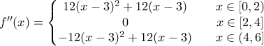 f''(x)=\left\{\begin{matrix} 12(x-3)^2 +12(x-3) & &x\in[0,2) \\ 0& & x\in[2,4]\\ -12(x-3)^2 +12(x-3) & &x\in(4,6] \end{matrix}\right.