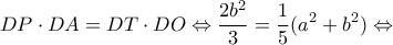\displaystyle{DP \cdot DA = DT \cdot DO \Leftrightarrow \frac{{2{b^2}}}{3} = \frac{1}{5}({a^2} + {b^2}) \Leftrightarrow }