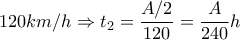 120 km/h \Rightarrow t_{2}= \dfrac{A/2}{120}=\dfrac{A}{240}h