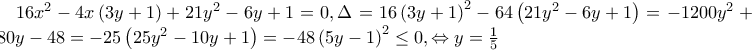 16x^{2}-4x\left(3y+1 \right)+21y^{2}-6y+1=0,\Delta =16\left(3y+1 \right)^{2}-64\left(21y^{2}-6y+1 \right)=-1200y^{2}+480y-48=-25\left(25y^{2} -10y+1\right)=-48\left(5y-1 \right)^{2}\leq 0,\Leftrightarrow y=\frac{1}{5}