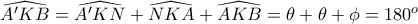 \widehat {A'KB}= \widehat {A'KN}+\widehat {NKA}+\widehat {AKB} = \theta + \theta + \phi = 180^o