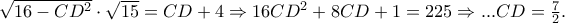 \sqrt {16 - CD^2 }  \cdot \sqrt {15}  = CD + 4 \Rightarrow 16CD^2  + 8CD + 1 = 225 \Rightarrow ...CD = \frac{7}{2}.