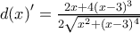 {d(x)}'=\frac{2x+4(x-3)^3}{2\sqrt{x^2+(x-3)^4}}