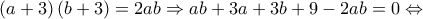\left( {a + 3} \right)\left( {b + 3} \right) = 2ab \Rightarrow ab + 3a + 3b + 9 - 2ab = 0 \Leftrightarrow