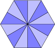 \begin{tikzpicture}[scale=2] 
\begin{scope} 
    \foreach \x in {0,60,...,300} { 
        \draw[fill=blue!25] (0, 0) -- (\x:1 cm) -- (\x + 30:0.866 cm) -- cycle; 
        \draw[fill=blue!50] (0, 0) -- (\x + 30:0.866 cm) -- (\x + 60:1 cm) -- cycle; 
    } 
\end{scope} 
\end{tikzpicture}