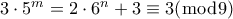 3 \cdot 5^m=2 \cdot 6^n+3 \equiv 3(\bmod 9)