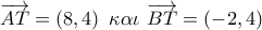 \overrightarrow {AT}  = \left( {8,4} \right)\,\,\kappa \alpha \iota \,\,\overrightarrow {BT}  = \left( { - 2,4} \right)