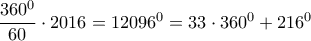 \dfrac{360^0}{60}\cdot 2016 =12096^0 =33\cdot 360^0 +216^0