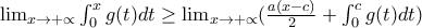 \lim_{x\rightarrow +\propto}\int_{0}^{x}{g(t)dt}\geq\lim_{x\rightarrow +\propto}(\frac{a(x-c)}{2}+\int_{0}^{c}{g(t)dt})