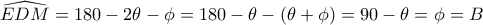 \widehat {EDM}= 180- 2\theta - \phi = 180- \theta - (\theta +\phi)= 90- \theta =\phi =B 