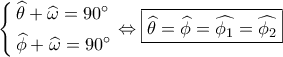\left\{ \begin{gathered} 
  \widehat \theta  + \widehat \omega  = 90^\circ  \hfill \\ 
  \widehat \phi  + \widehat \omega  = 90^\circ  \hfill \\  
\end{gathered}  \right. \Leftrightarrow \boxed{\widehat \theta  = \widehat \phi  = \widehat {{\phi _1}} = \widehat {{\phi _2}}}