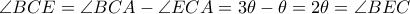 \angle BCE= \angle BCA- \angle ECA=3 \theta - \theta =2 \theta = \angle BEC