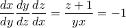 \displaystyle{ \frac{dx}{dy}\frac{dy}{dz}\frac{dz}{dx} = \frac{z+1}{yx} = -1}