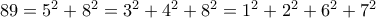 89= 5^2+8^2=3^2+4^2+8^2=1^2+2^2+6^2+7^2