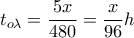 \displaystyle{{t_{o\lambda }} = \frac{{5x}}{{480}} = \frac{x}{{96}}h}