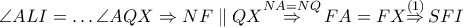 \angle ALI=\ldots \angle AQX\Rightarrow NF\parallel QX\overset{NA=NQ}{\mathop{\Rightarrow }}\,FA=FX\overset{\left( 1 \right)}{\mathop{\Rightarrow }}\,SFI