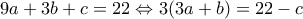 \displaystyle{\,\,\,\,9a + 3b + c = 22 \Leftrightarrow 3(3a + b) = 22 - c} \displaystyle{\,\,\,\,9a + 3b + c = 22 \Leftrightarrow 3(3a + b) = 22 - c}