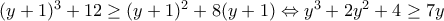 (y+1)^3+12\geq (y+1)^2+8(y+1)\Leftrightarrow y^3+2y^2+4\geq 7y (y+1)^3+12\geq (y+1)^2+8(y+1)\Leftrightarrow y^3+2y^2+4\geq 7y