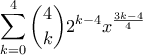 \displaystyle{\sum_{k=0}^{4}\binom{4}{k}2^{k-4}x^{\frac{3k-4}{4}}} \displaystyle{\sum_{k=0}^{4}\binom{4}{k}2^{k-4}x^{\frac{3k-4}{4}}}