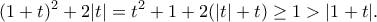 \displaystyle{(1+t)^2+2|t|=t^2+1+2(|t|+t)\geq 1>|1+t|.}