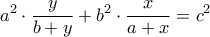 \displaystyle {a^2} \cdot \frac{y}{{b + y}} + {b^2} \cdot \frac{x}{{a + x}} = {c^2}