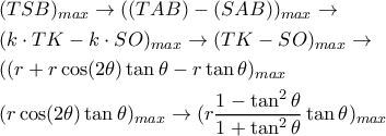 \displaystyle{ 
\begin{aligned} 
& (TSB)_{max} \rightarrow ((TAB)-(SAB))_{max} \rightarrow \cr 
& (k\cdot TK - k\cdot SO)_{max} \rightarrow (TK - SO)_{max} \rightarrow \cr 
&  ((r+r\cos(2\theta)\tan\theta - r\tan\theta)_{max} \cr 
& (r\cos(2\theta)\tan\theta)_{max} \rightarrow (r{1-\tan^2\theta \over 1+\tan^2\theta}\tan\theta)_{max} 
\end{aligned} 
}