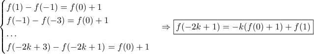 \displaystyle{\begin{cases} 
f(1)-f(-1)=f(0)+1\\ 
f(-1)-f(-3)=f(0)+1\\ 
\ldots \\ 
f(-2k+3)-f(-2k+1)=f(0)+1 
\end{cases}\Rightarrow \boxed{f(-2k+1)=-k(f(0)+1)+f(1)}}