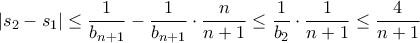 |s_2-s_1|\le \dfrac{1}{b_{n+1}}-\dfrac{1}{b_{n+1}}\cdot \dfrac{n}{n+1}\le \dfrac{1}{b_2}\cdot\dfrac{1}{n+1} \le \dfrac{4}{n+1}