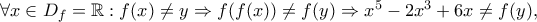 \dispalystyle{ \forall x\in D_f=\mathbb{R}:f(x)\neq y\Rightarrow f(f(x))\neq f(y)\Rightarrow x^5-2x^3+6x\neq f(y), }
