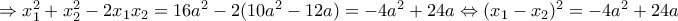 \Rightarrow x_1^2+x_2^2-2x_1x_2=16a^2-2(10a^2-12a)=-4a^2+24a\Leftrightarrow (x_1-x_2)^2=-4a^2+24a \Rightarrow x_1^2+x_2^2-2x_1x_2=16a^2-2(10a^2-12a)=-4a^2+24a\Leftrightarrow (x_1-x_2)^2=-4a^2+24a