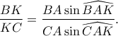 \displaystyle\frac{BK}{KC} =\displaystyle\frac{BA\sin{\widehat{BAK}}}{CA\sin{\widehat{CAK}}}.