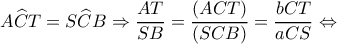 \displaystyle A\widehat CT = S\widehat CB \Rightarrow \frac{{AT}}{{SB}} = \frac{{(ACT)}}{{(SCB)}} = \frac{{bCT}}{{aCS}} \Leftrightarrow 