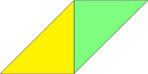 \begin{tikzpicture}[scale=5] \draw[fill=yellow] (0, 0) -- (1, 0) -- (1, 1) --cycle; \end{tikzpicture}\begin{tikzpicture}[scale=5] \draw[fill=green!50] (1, 1) -- (1, 0) -- (2, 1) --cycle; \end{tikzpicture}