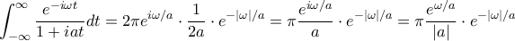\displaystyle
\int_{-\infty}^{\infty} \frac{e^{-i\omega t}}{1 + ia t} dt = 2\pi e^{i\omega / a} \cdot \frac{1}{2a} \cdot e^{-|\omega|/a} = \pi \frac{e^{i\omega/a}}{a} \cdot e^{-|\omega|/a} = \pi \frac{e^{\omega/a}}{|a|} \cdot e^{-|\omega|/a}
\displaystyle
\int_{-\infty}^{\infty} \frac{e^{-i\omega t}}{1 + ia t} dt = 2\pi e^{i\omega / a} \cdot \frac{1}{2a} \cdot e^{-|\omega|/a} = \pi \frac{e^{i\omega/a}}{a} \cdot e^{-|\omega|/a} = \pi \frac{e^{\omega/a}}{|a|} \cdot e^{-|\omega|/a}