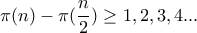\pi(n)-\pi(\dfrac{n}{2})\geq1,2,3,4 ...