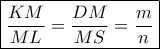 \boxed{\frac{{KM}}{{ML}} = \frac{{DM}}{{MS}} = \frac{m}{n}}