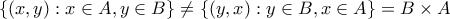 \{(x,y):x \in A , y \in B \}\neq\{(y,x):y \in B , x \in A \}=B \times A