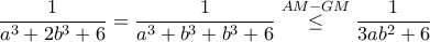 \dfrac{1}{a^3+2b^3+6}=\dfrac{1}{a^3+b^3+b^3+6}\overset{AM-GM}{\leq }\dfrac{1}{3ab^2+6}