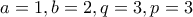a=1, b=2, q=3, p=3