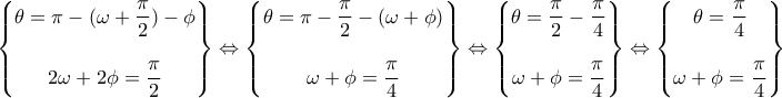 \displaystyle{ 
\begin{Bmatrix} 
\theta = \pi - (\omega + \dfrac{\pi}{2}) - \phi 
 \\\\ 
2\omega+2\phi = \dfrac{\pi}{2} 
\end{Bmatrix} \Leftrightarrow \begin{Bmatrix} 
\theta = \pi - \dfrac{\pi}{2} - (\omega + \phi) 
 \\\\ 
\omega+\phi = \dfrac{\pi}{4} 
\end{Bmatrix} \Leftrightarrow \begin{Bmatrix} 
\theta = \dfrac{\pi}{2} - \dfrac{\pi}{4} 
 \\\\ 
\omega+\phi = \dfrac{\pi}{4} 
\end{Bmatrix} \Leftrightarrow \begin{Bmatrix} 
\theta = \dfrac{\pi}{4} 
 \\\\ 
\omega+\phi = \dfrac{\pi}{4} 
\end{Bmatrix} 
}