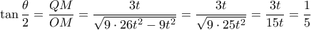\displaystyle \tan \frac{\theta }{2}=\frac{QM}{OM}=\frac{3t}{\sqrt{9\cdot 26t^{2}-9t^{2}}}=\frac{3t}{\sqrt{9\cdot 25t^{2}}}=\frac{3t}{15t}=\frac{1}{5}