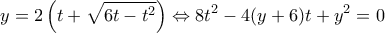 \displaystyle y = 2\left( {t + \sqrt {6t - {t^2}} } \right) \Leftrightarrow 8{t^2} - 4(y + 6)t + {y^2} = 0