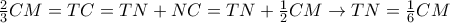 \frac{2}{3}CM=TC=TN+NC=TN+\frac{1}{2}CM\rightarrow TN=\frac{1}{6}CM