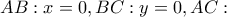 AB:x = 0,BC:y = 0,AC: