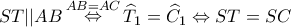 \displaystyle{ST||AB\mathop  \Leftrightarrow \limits^{AB = AC} {\widehat T_1} = {\widehat C_1} \Leftrightarrow ST = SC}