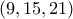 \displaystyle{(9 , 15 , 21)}