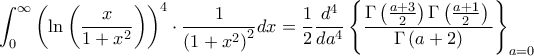 \displaystyle \int_{0}^{\infty}{\left(\ln\left(\frac{x}{1+x^2} \right) \right)^4 \cdot\frac{1}{\left(1+x^2 \right)^2}}dx=\frac{1}{2}\frac{d^{4}}{da^4}\left\{\frac{\Gamma \left(\frac{a+3}{2} \right)\Gamma \left(\frac{a+1}{2} \right){}}{\Gamma \left(a+2 \right)} \right\}_{a=0}