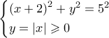 \left\{ \begin{gathered} 
  {\left( {x + 2} \right)^2} + {y^2} = {5^2} \hfill \\ 
  y = \left| x \right| \geqslant 0 \hfill \\  
\end{gathered}  \right.